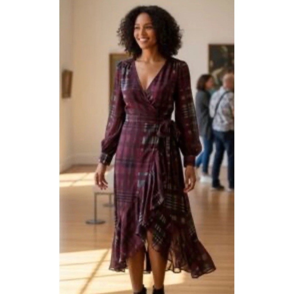 Nanette Lepore Chiffon Ruffle Wrap Dress Burghandy‎ Plaid Women's Size 6